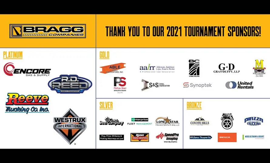 Sponsor logos from the 2021 tournament, including Encore, Reeve Trucking, and others.