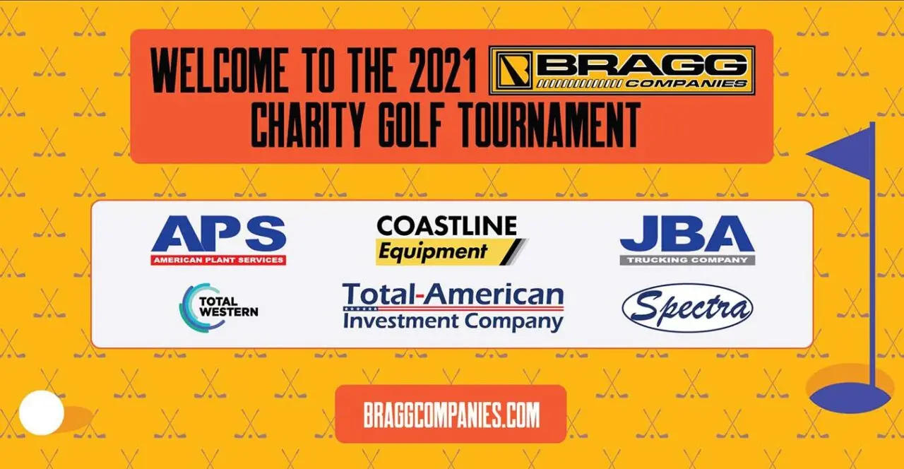Banner for the 2021 Bragg Companies Charity Golf Tournament with sponsor logos.