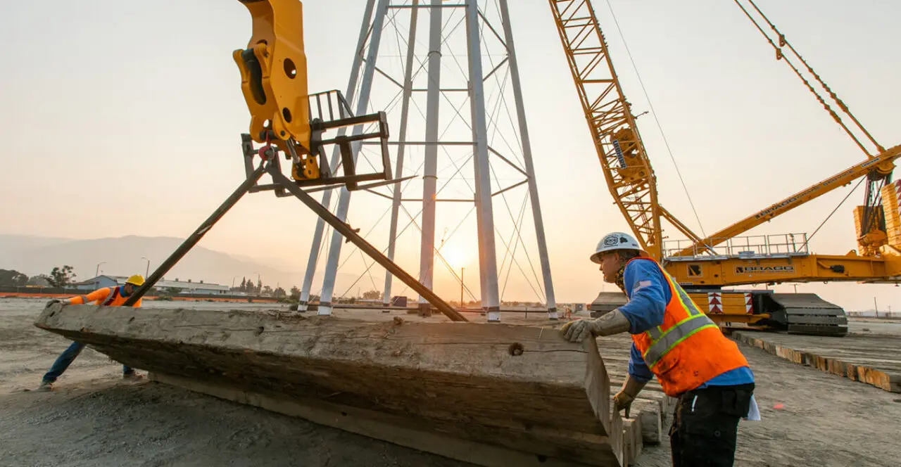 Construction workers securing a wooden beam as a Bragg Crane Service crane lifts a water tower.